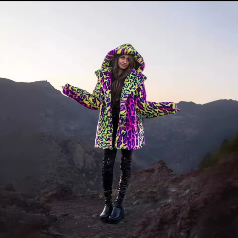 coat hooded fall and winter medium-length neon leopard print fur coat - Picture 4 of 4